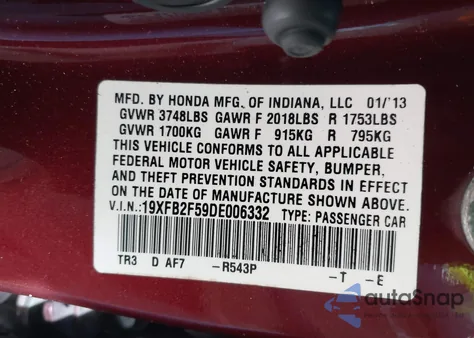 2013 Honda Civic Lx z USA, uszkodzony, nr VIN 19XFB2F59DE006332